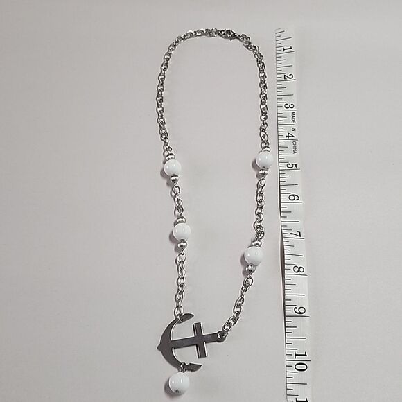 Anchor Necklace with White Round Beads Silver Tone Chain and Pendant - Picture 3 of 4